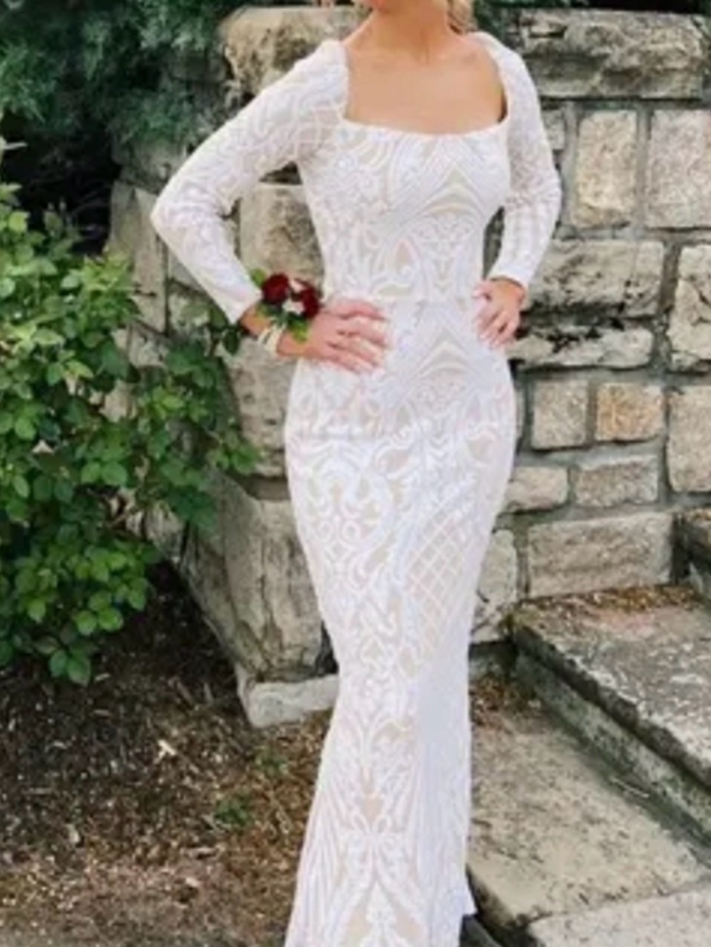 Windsor sequined maxi gown long bishop sleeves and square neckline